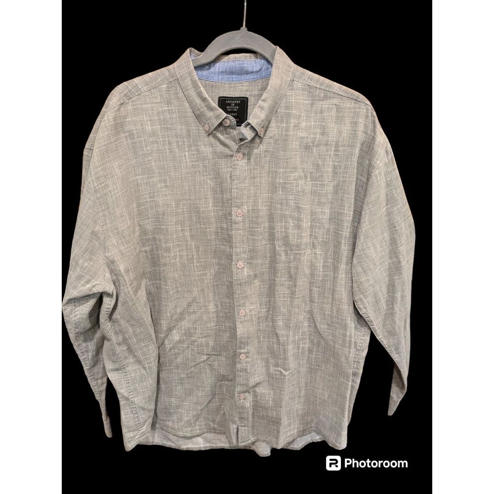 Artistry inβ Motion Gray Hatchwork Linen Blend Shirt Button Long Sleeve Large